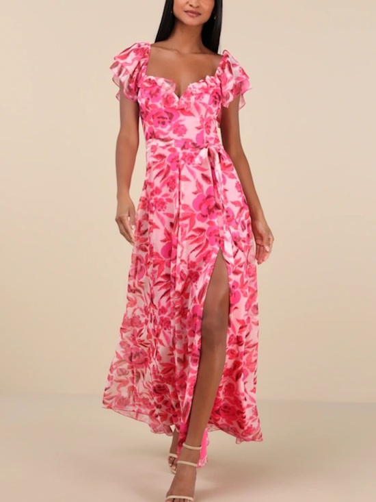 Lulus Dresses & Skirts - Lulu's Pink Floral Ruffle Maxi Dress with Side Slit
